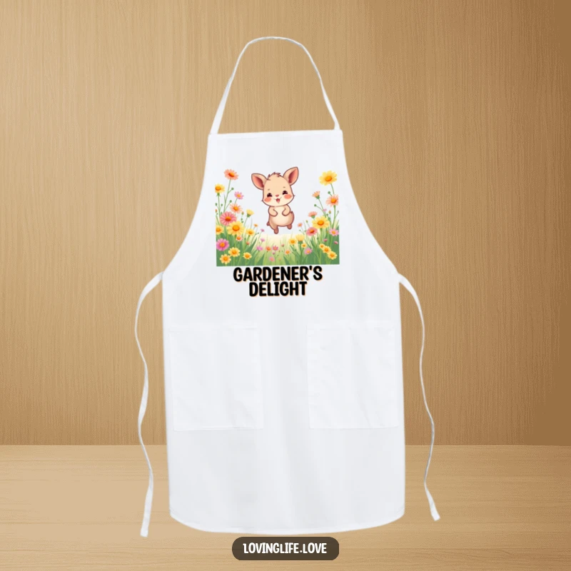 Funny Apron with a happy small animal joyfully bounding through a field of vibrant wildflowers, adding a touch of cheerful humor to cooking.