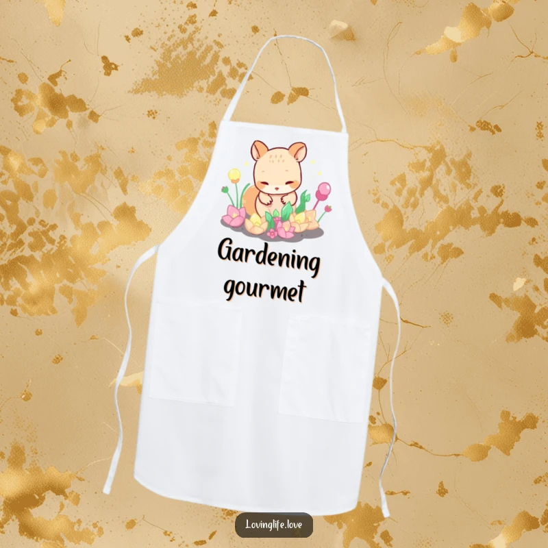 Funny Apron with a curious small animal tending a garden of bubbling, iridescent plants, adding a humorous and charming touch to kitchen tasks.
