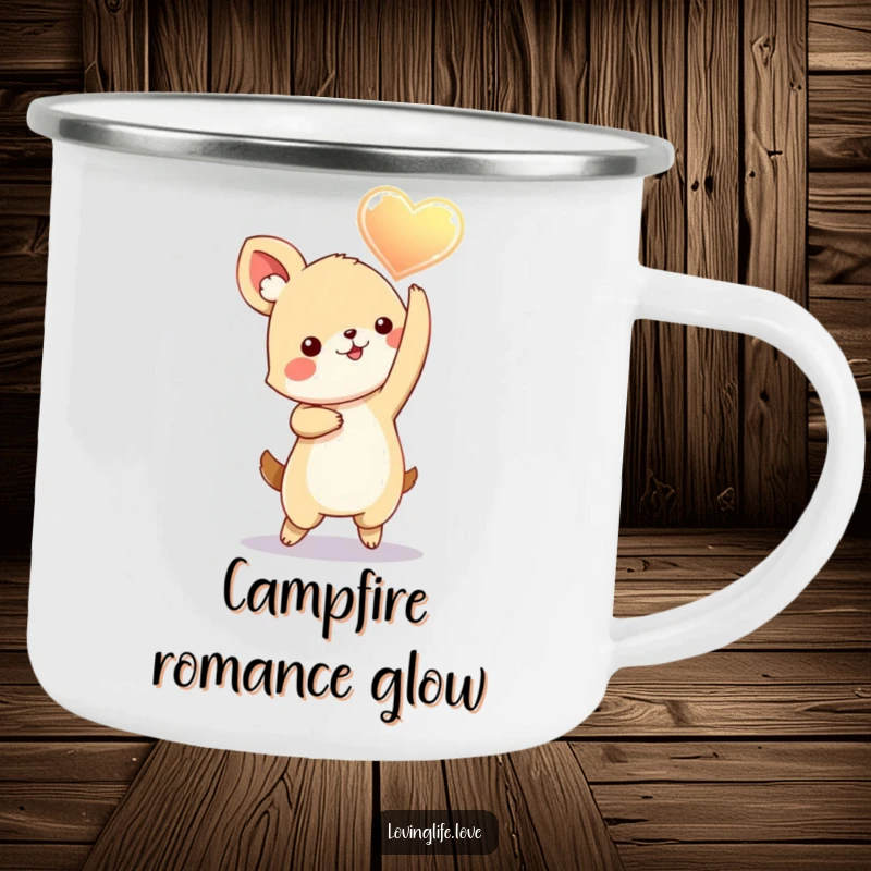 Funny Camping Mug featuring a playful small animal dancing with a glowing heart held aloft, perfect for outdoor fun and spreading love.