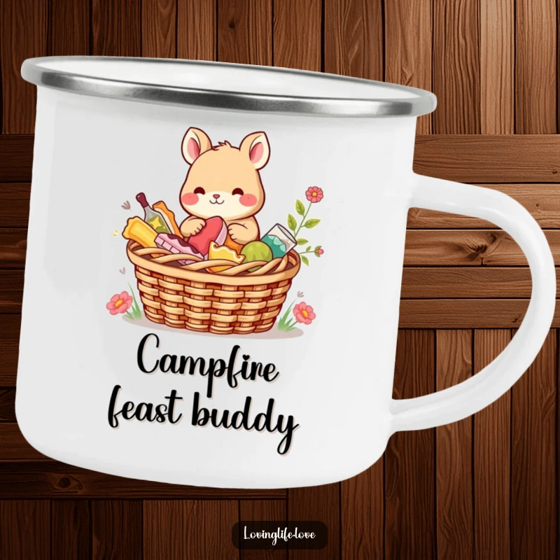 Funny Camping Mug featuring a content small animal sharing a picnic basket filled with colorful treats, perfect for outdoor meals and humorous enjoyment.