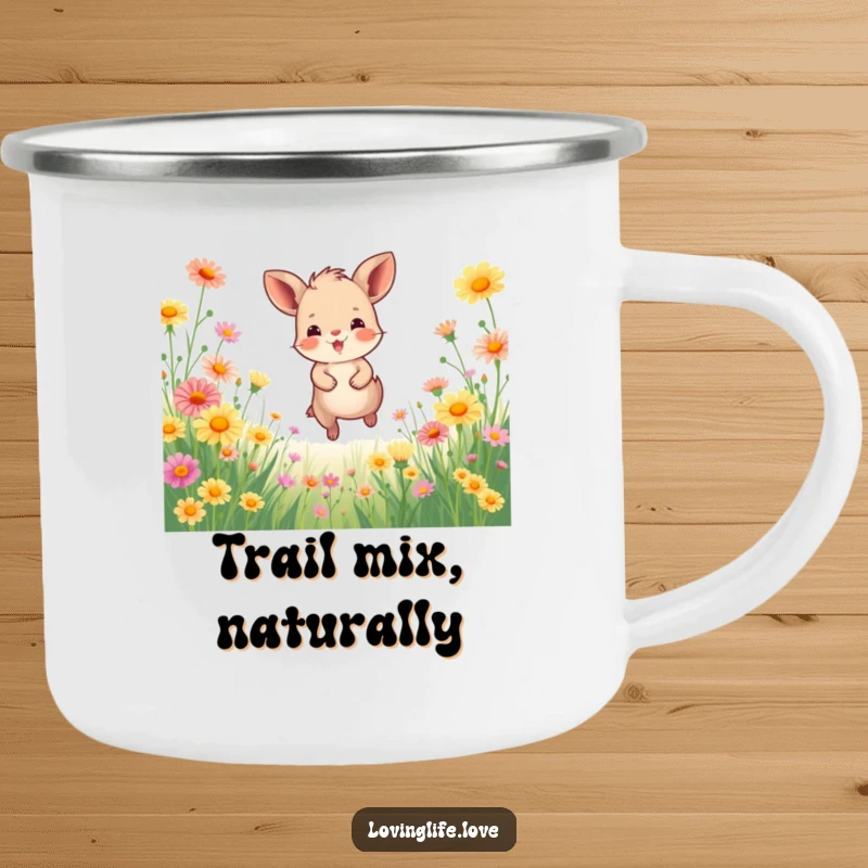 Funny Camping Mug featuring a happy small animal joyfully bounding through a field of vibrant wildflowers, perfect for outdoor excursions and happy vibes.