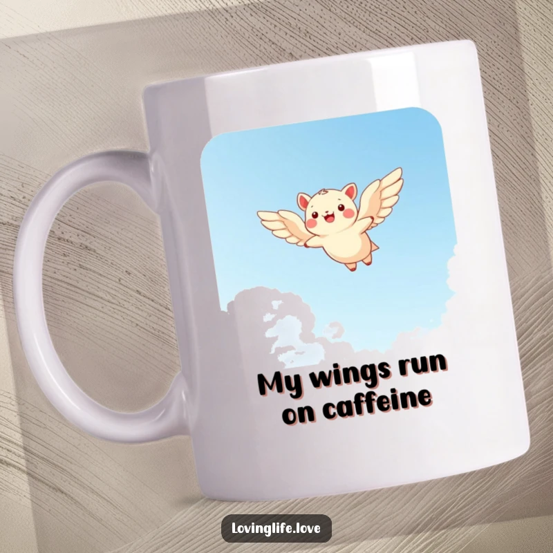 Funny mug with a cheerful small animal soaring through a bright sky with wide wings, symbolizing freedom and happiness.
