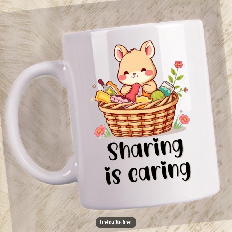 Funny Mug depicting a content small animal sharing a picnic basket filled with colorful treats, highlighting friendship and delicious snacks.