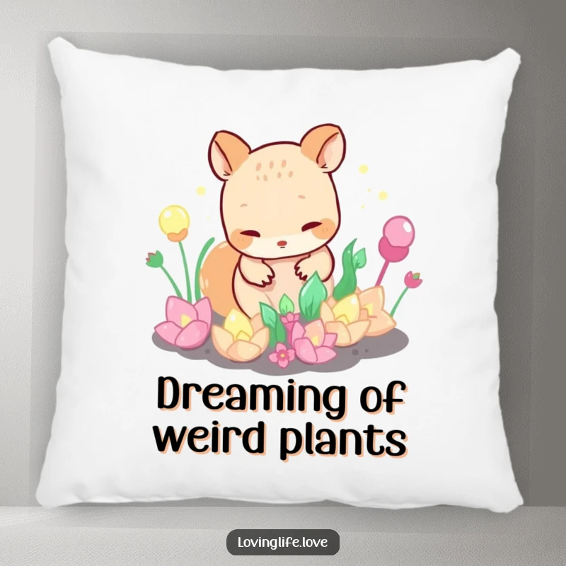 Funny Pillow with a curious small animal tending a garden of bubbling, iridescent plants, offering comfort and a charming whimsical decoration.