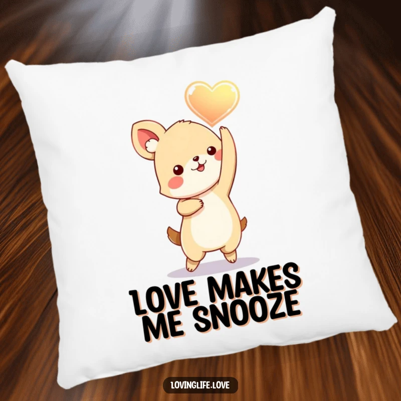Funny Pillow with a playful small animal dancing with a glowing heart held aloft, offering comfort and a charmingly humorous decoration.