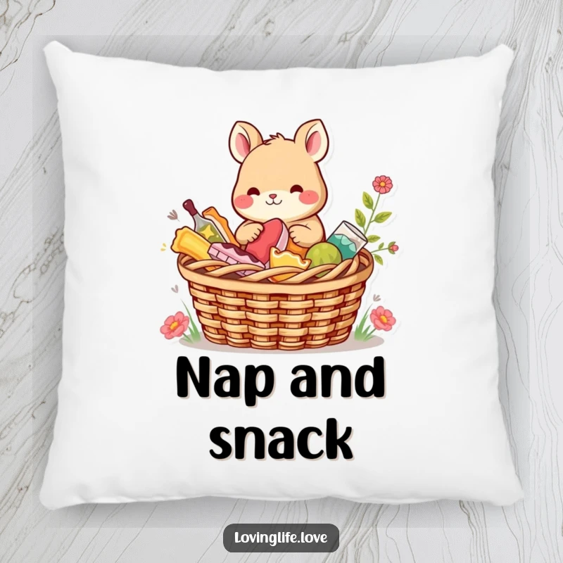 Funny Pillow with a content small animal sharing a picnic basket filled with colorful treats, offering comfort and a charmingly humorous decoration.