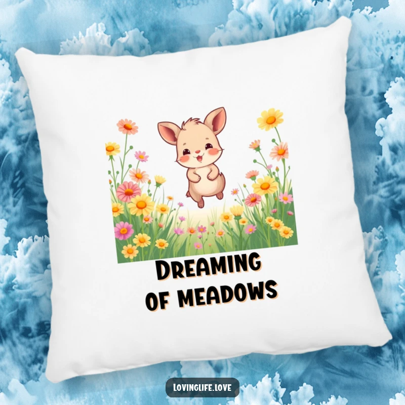 Funny Pillow with a happy small animal joyfully bounding through a field of vibrant wildflowers, offering comfort and a cheerful decorative touch.