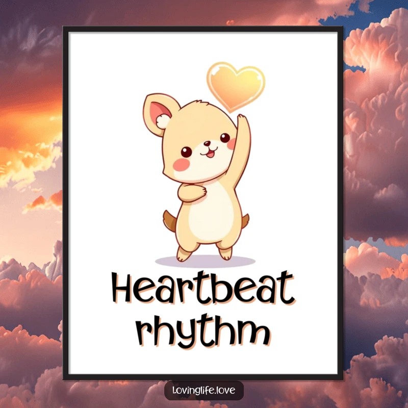 Funny Digital Art Print showing a playful small animal dancing with a glowing heart held aloft, conveying immediate joyous love and energy.