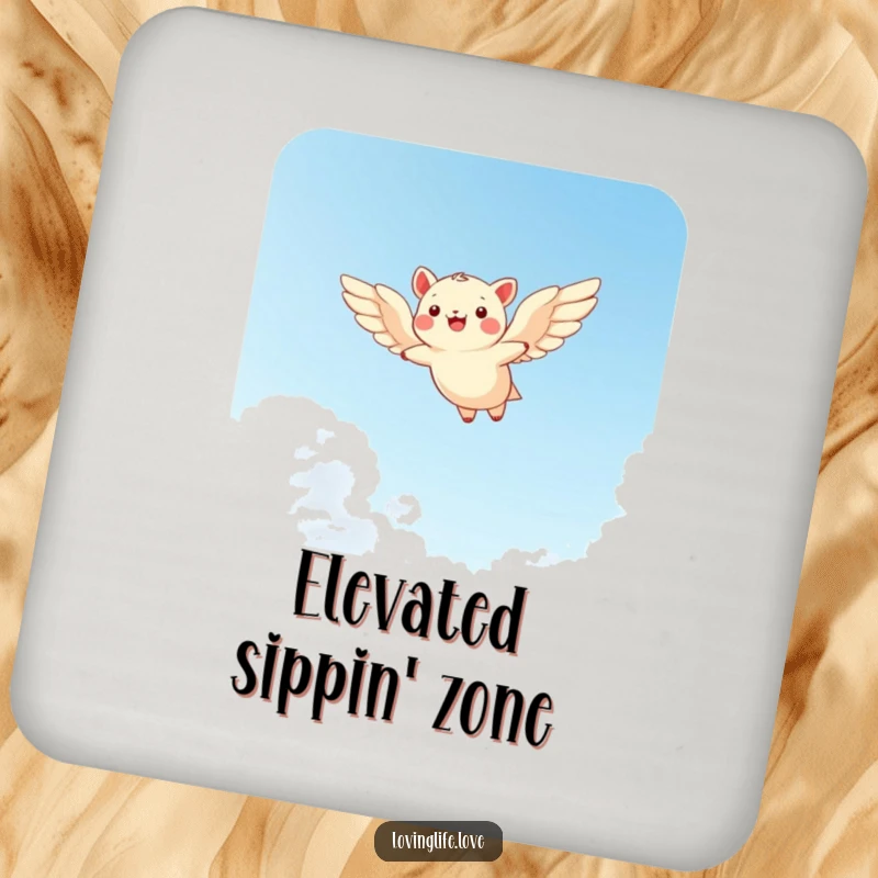 Funny drink coaster featuring a cheerful small animal soaring through a bright sky with wide wings, adding a touch of fun.