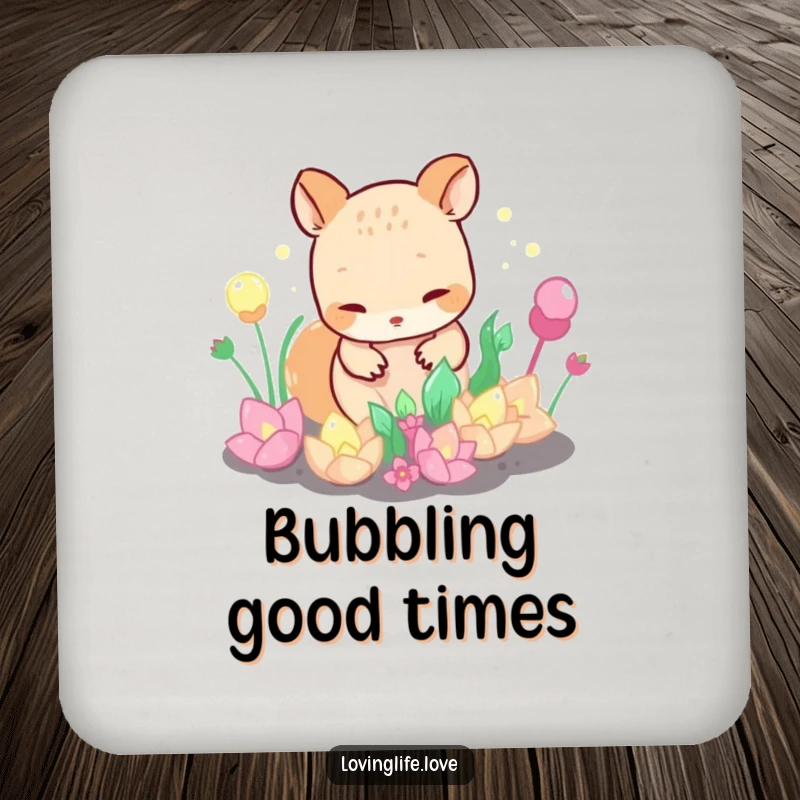 Funny Coasters with a curious small animal tending a garden of bubbling, iridescent plants, offering humorous protection with a botanical theme.