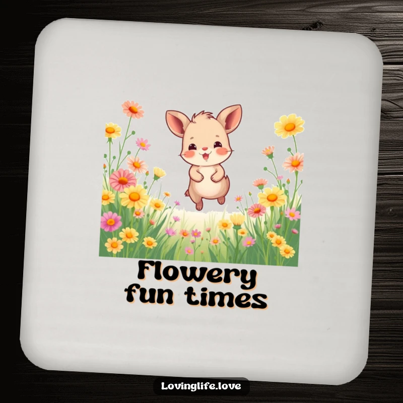 Funny Coasters with a happy small animal joyfully bounding through a field of vibrant wildflowers, offering humorous protection with a natural theme.