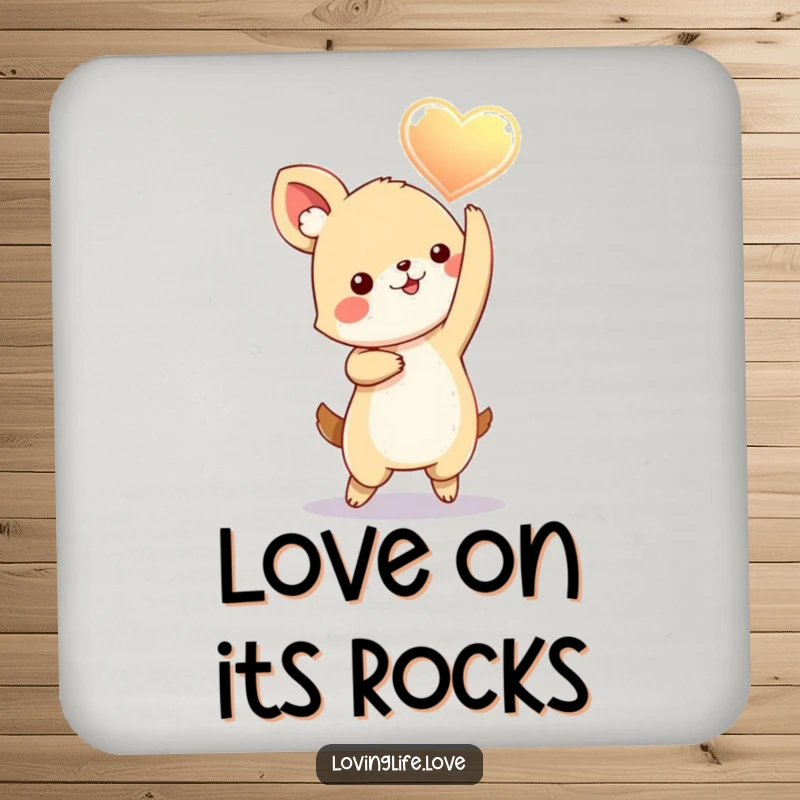 Funny Coasters with a playful small animal dancing with a glowing heart held aloft, offering humorous protection with a loving theme.