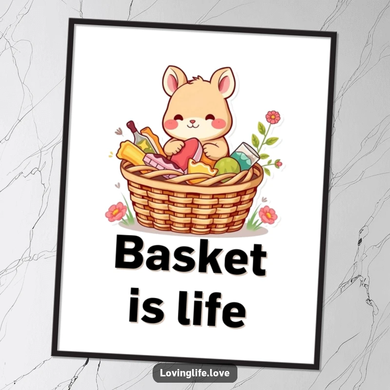 Funny Poster of a content small animal sharing a picnic basket filled with colorful treats, bringing a sense of shared joy and warmth.