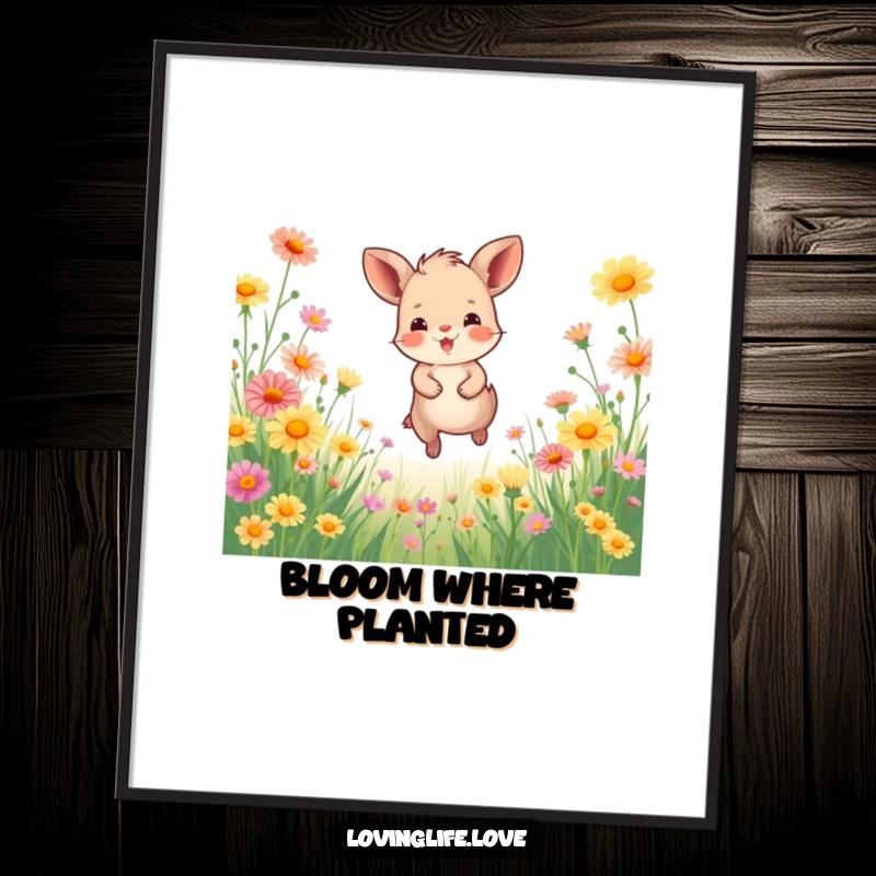 Funny Poster of a happy small animal joyfully bounding through a field of vibrant wildflowers, bringing a sense of vibrant energy and joy.