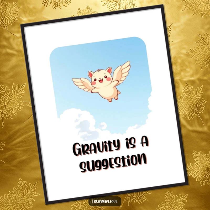 Funny poster of a cheerful small animal with wide wings soaring through a bright sky, a symbol of freedom and happiness.