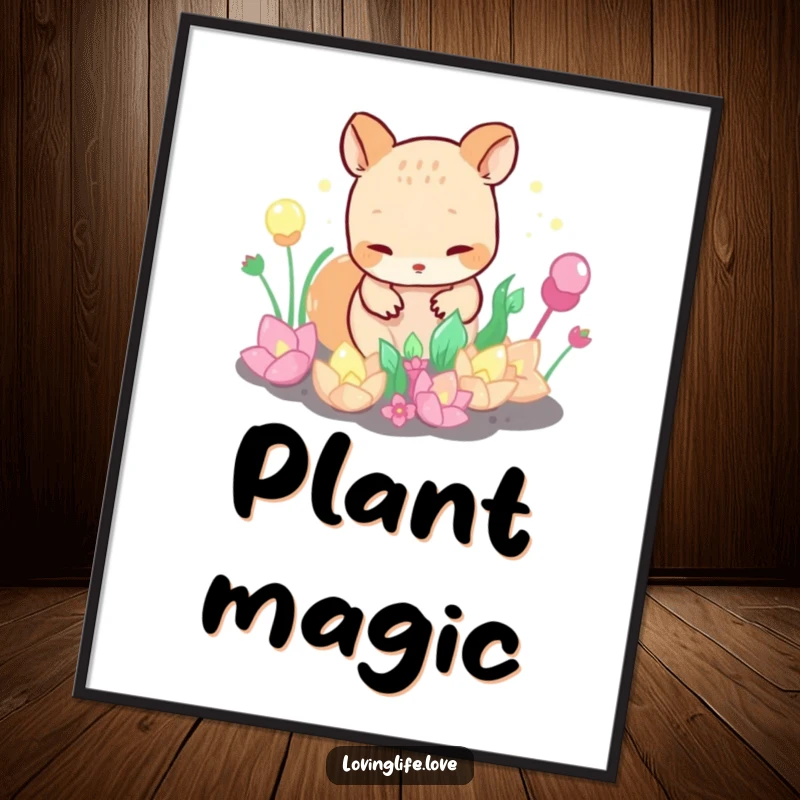 Funny Poster of a curious small animal tending a garden of bubbling, iridescent plants, evoking wonder and a touch of magical realism.