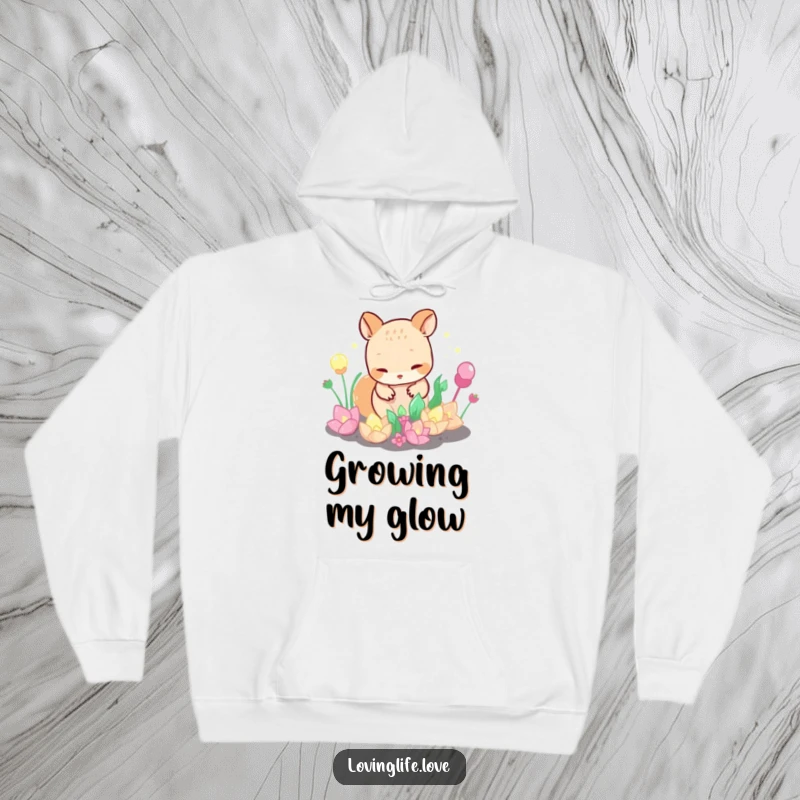 Funny Hoodie with a curious small animal tending a garden of bubbling, iridescent plants, offering warmth and a charmingly humorous design.