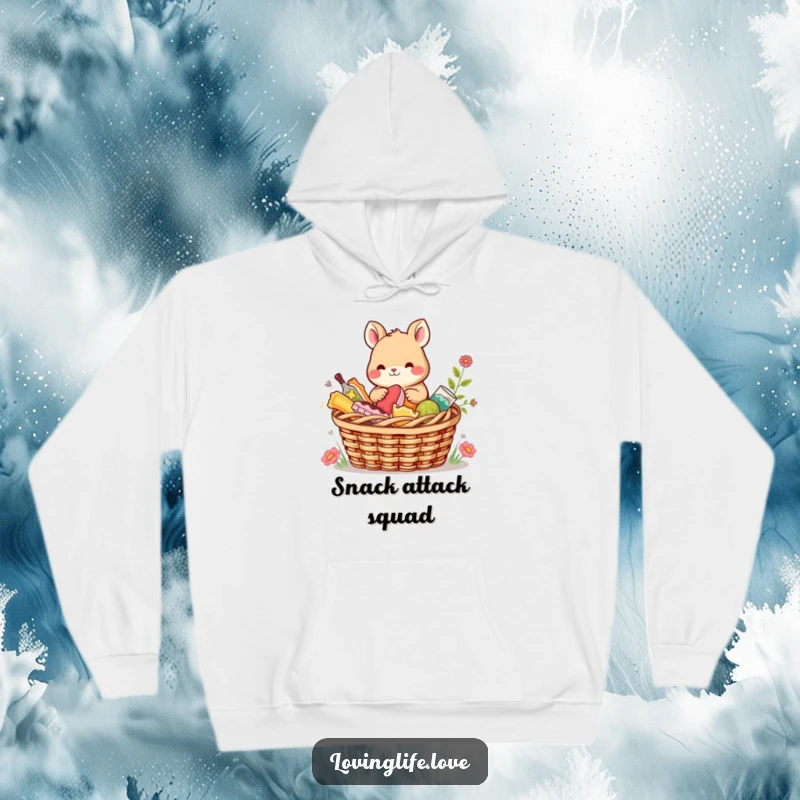 Funny Hoodie with a content small animal sharing a picnic basket filled with colorful treats, offering warmth and a charmingly humorous design.