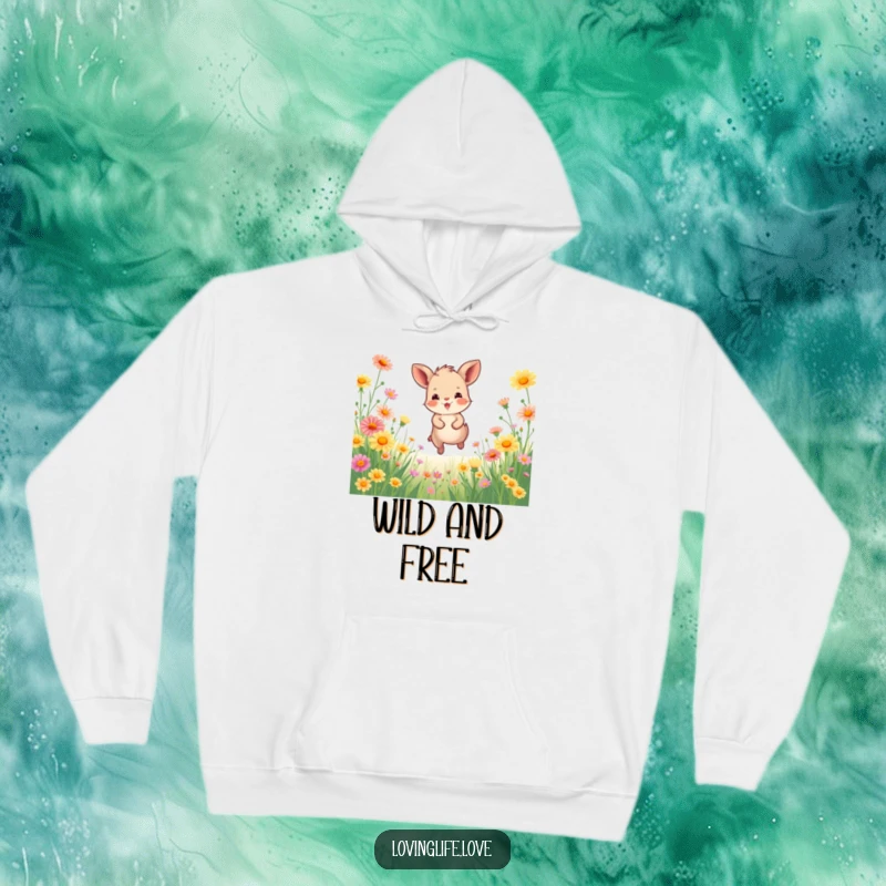 Funny Hoodie with a happy small animal joyfully bounding through a field of vibrant wildflowers, offering warmth and a cheerful design.