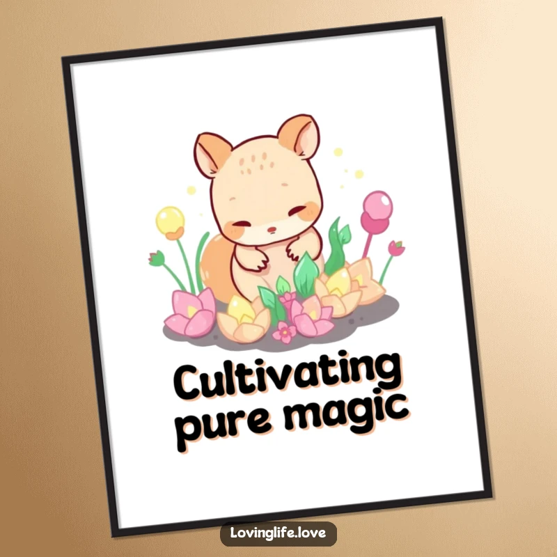 Funny Free Printable Wall Art: A curious small animal carefully tends to bizarre, bubbling plants that shimmer with mesmerizing iridescent light.