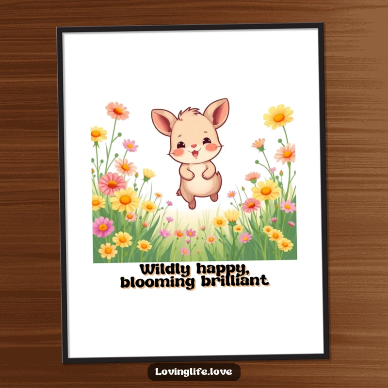 Funny Free Printable Wall Art: A small, jubilant animal is captured mid-leap through a stunning field of colorful wildflowers, radiating cheer.