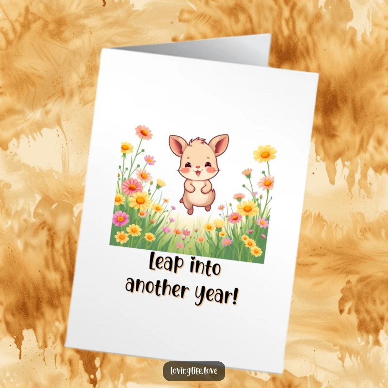 Funny Free Printable Birthday Card: A small, happy animal joyfully leaps through a field of colorful wildflowers, embodying pure elation.