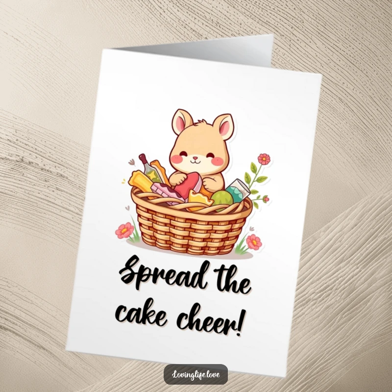 Funny Free Printable Birthday Card: A content small animal happily shares a picnic basket brimming with colorful treats, celebrating a birthday.