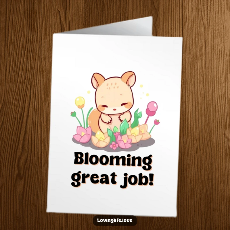 Funny Free Printable Congratulations Card: A curious small animal tends a garden of iridescent, bubbling plants, signifying flourishing success.
