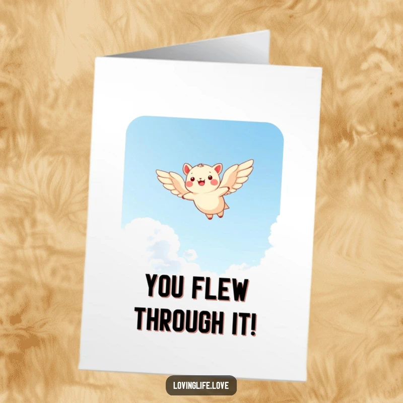 Funny Free Printable Congratulations Card: Happy animal soars through the sky, celebrating a wonderful accomplishment with glee.