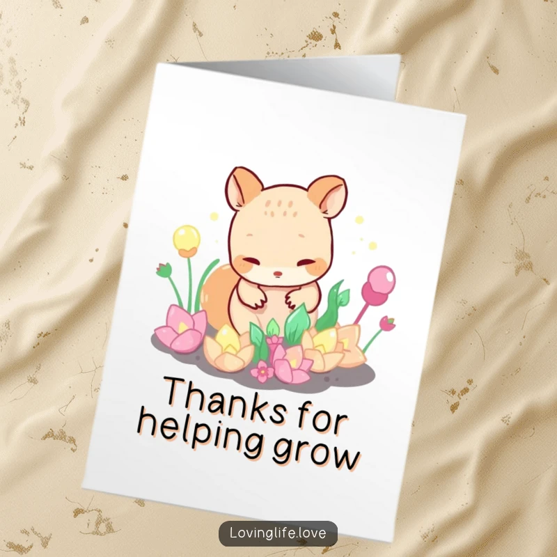 Funny Free Printable Thank You Card: A curious small animal lovingly tends to a garden of shimmering, bubbling iridescent plants, conveying deep thanks.