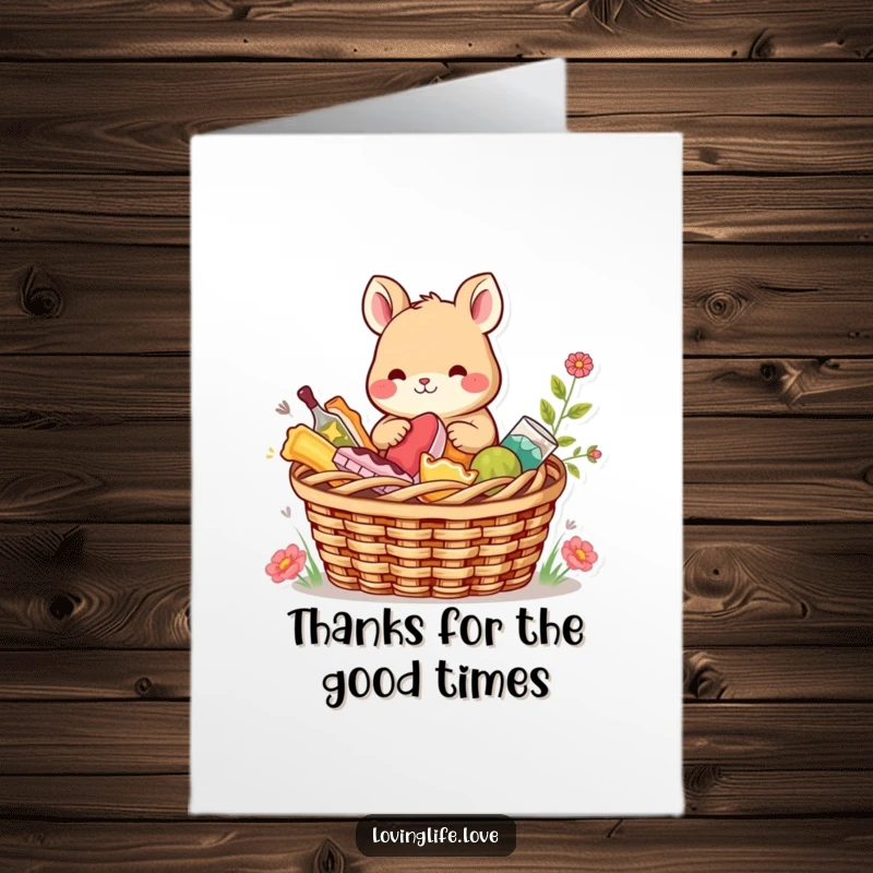 Funny Free Printable Thank You Card: A content small animal shares a picnic basket overflowing with colorful treats, conveying sincere thanks.