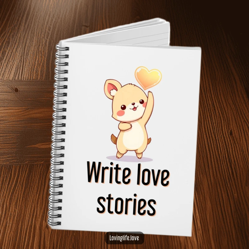 Funny Notebook with a playful small animal dancing with a glowing heart held aloft, perfect for jotting notes with a cheerful, loving theme.