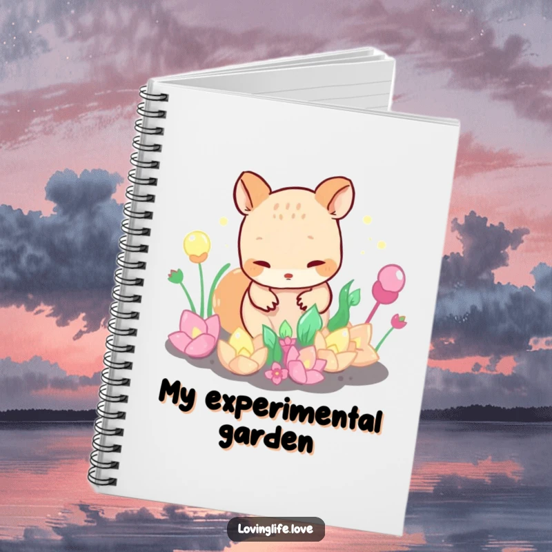 Funny Notebook with a curious small animal tending a garden of bubbling, iridescent plants, perfect for jotting notes with a whimsical theme.