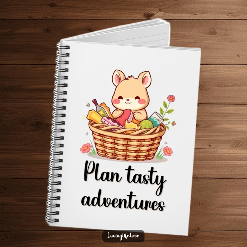 Funny Notebook with a content small animal sharing a picnic basket filled with colorful treats, perfect for jotting notes with a cheerful theme.