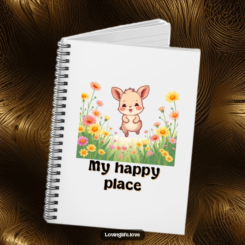 Funny Notebook with a happy small animal joyfully bounding through a field of vibrant wildflowers, perfect for jotting notes with a cheerful theme.