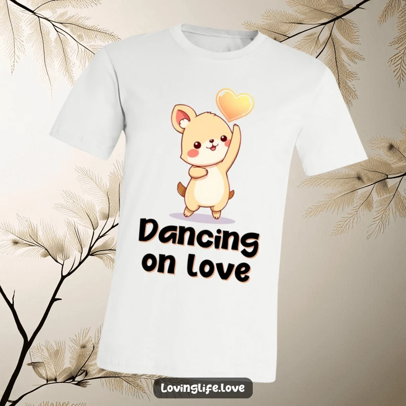 Funny T-Shirt featuring a playful small animal dancing with a glowing heart held aloft, symbolizing love, joy, and energetic expression.