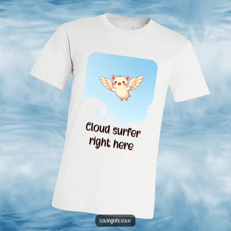 Funny t-shirt featuring a cheerful small animal soaring through a bright sky with wide wings, an image of pure bliss.