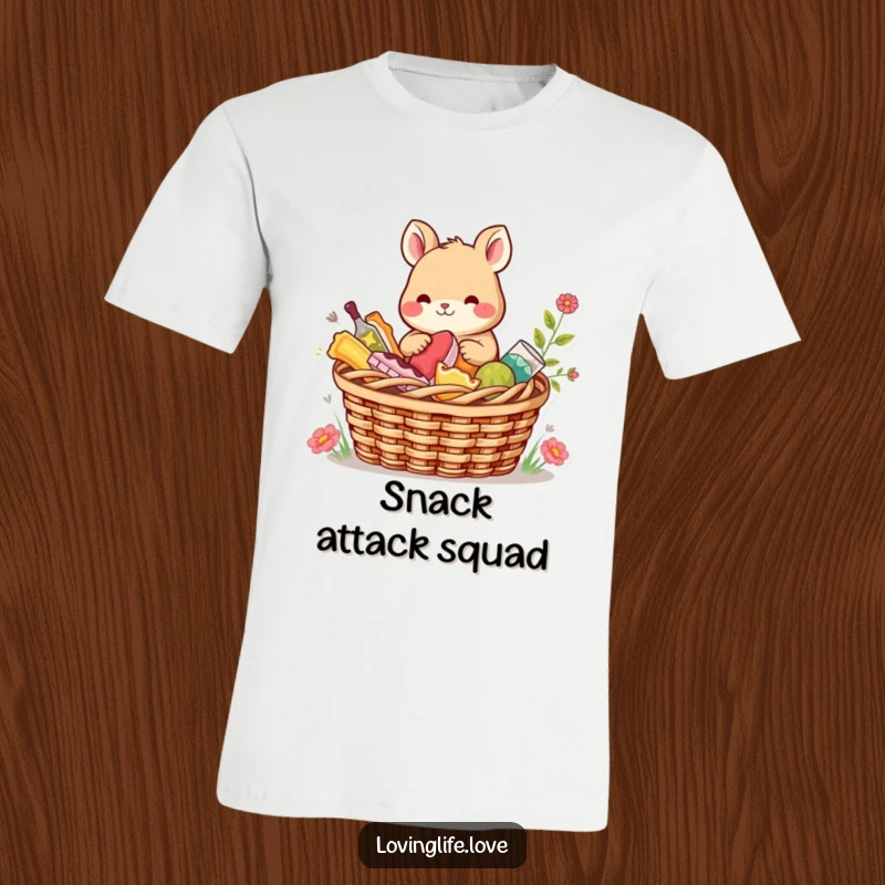 Funny T-Shirt featuring a content small animal sharing a picnic basket brimming with colorful treats, celebrating joy and shared moments.