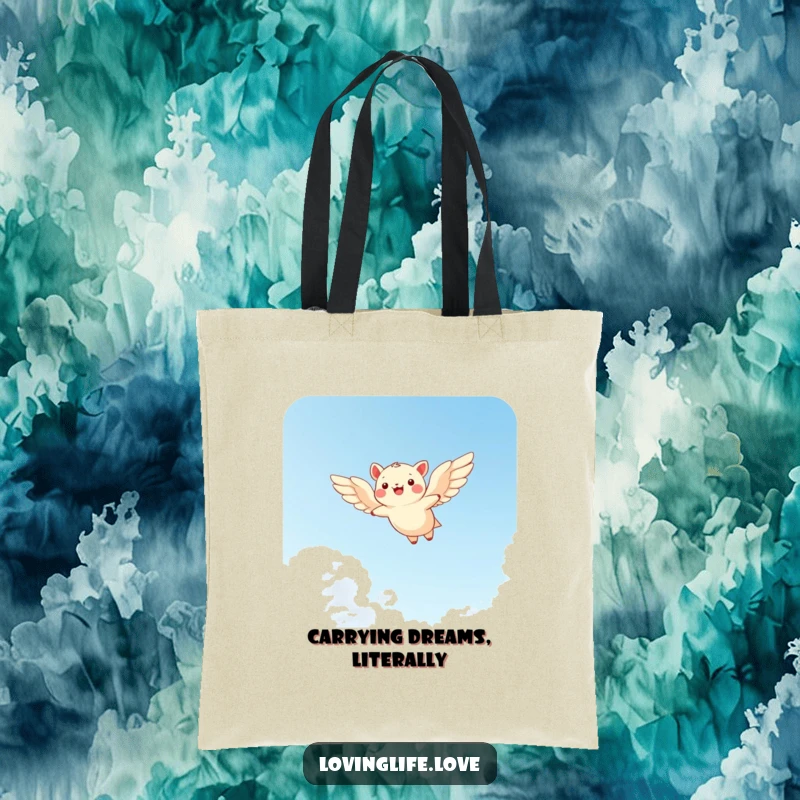 Funny tote bag depicting a cheerful small animal soaring through a bright sky with wide wings, ideal for happy shoppers.