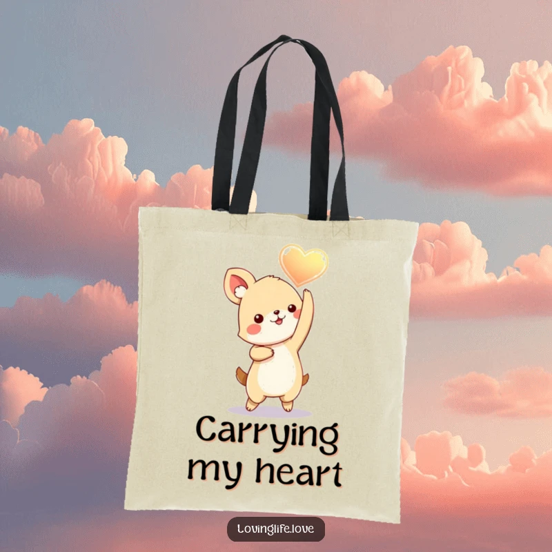 Funny Tote Bag showing a playful small animal dancing with a glowing heart held aloft, perfect for carrying items with love and humor.