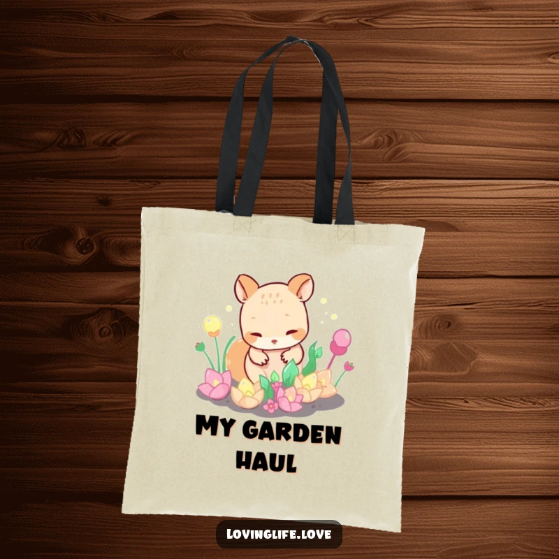 Funny Tote Bag showing a curious small animal tending a garden of bubbling, iridescent plants, perfect for carrying essentials with botanical humor.